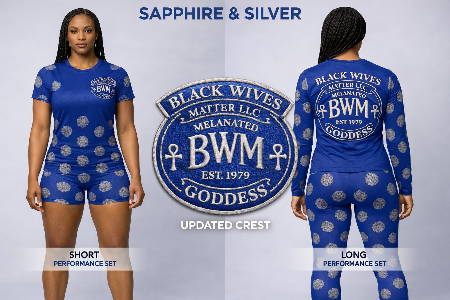 Black woman model wearing BWM Melanated Goddess Sapphire Silver Performance Set