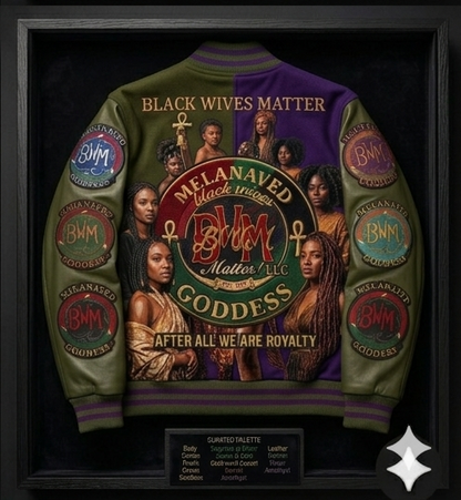 BWM Melanated Goddess Varsity Jacket - Olive and Purple